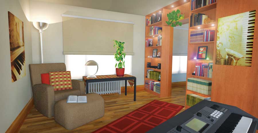 This rendering of our solution shows how turning a corridor-like space into a music room and library creates a functional spot for entertainment, storage and display.